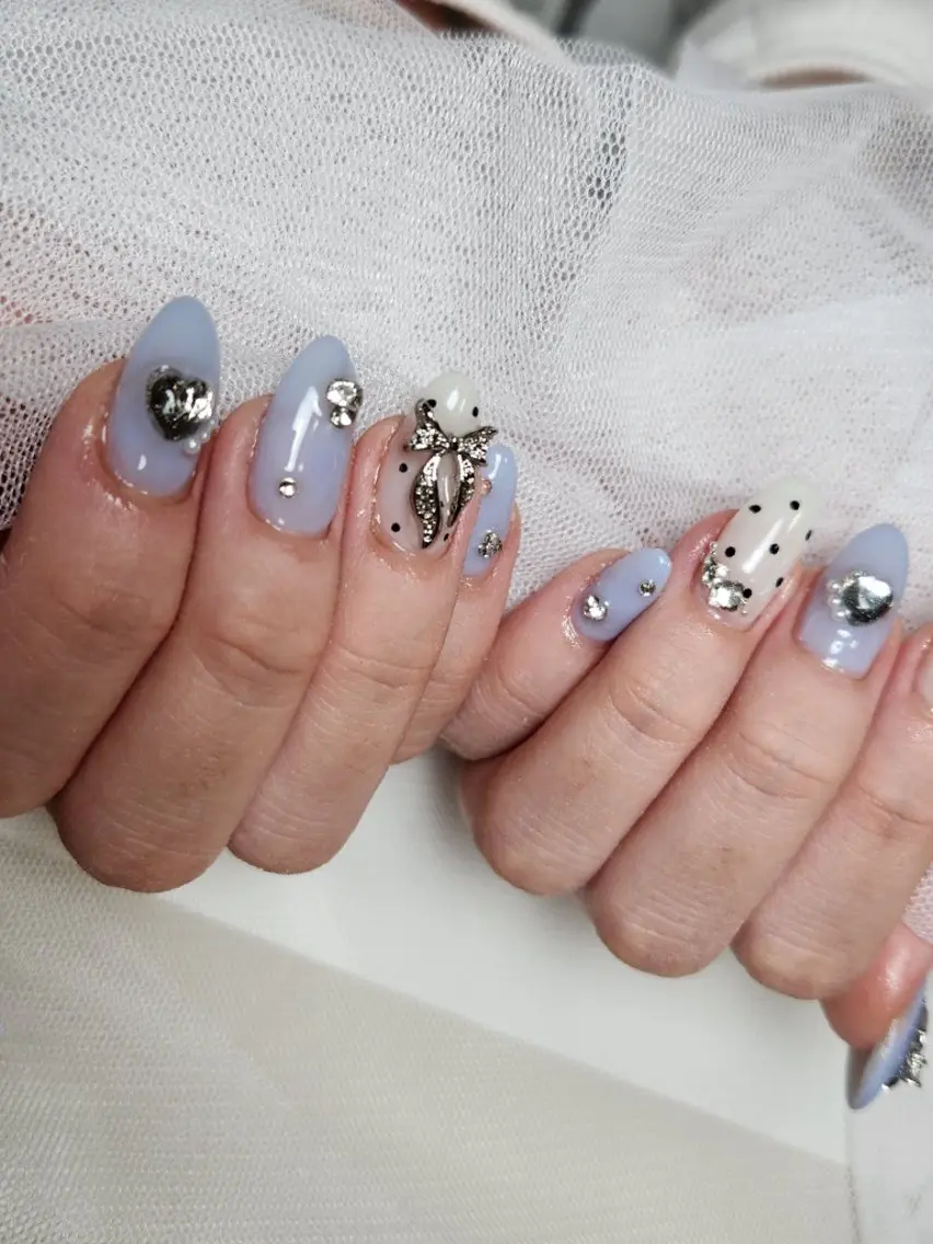 ネイル ブルー ドット ジェルネイル ハート キラキラネイル Nailroom3  古屋のネイルデザイン