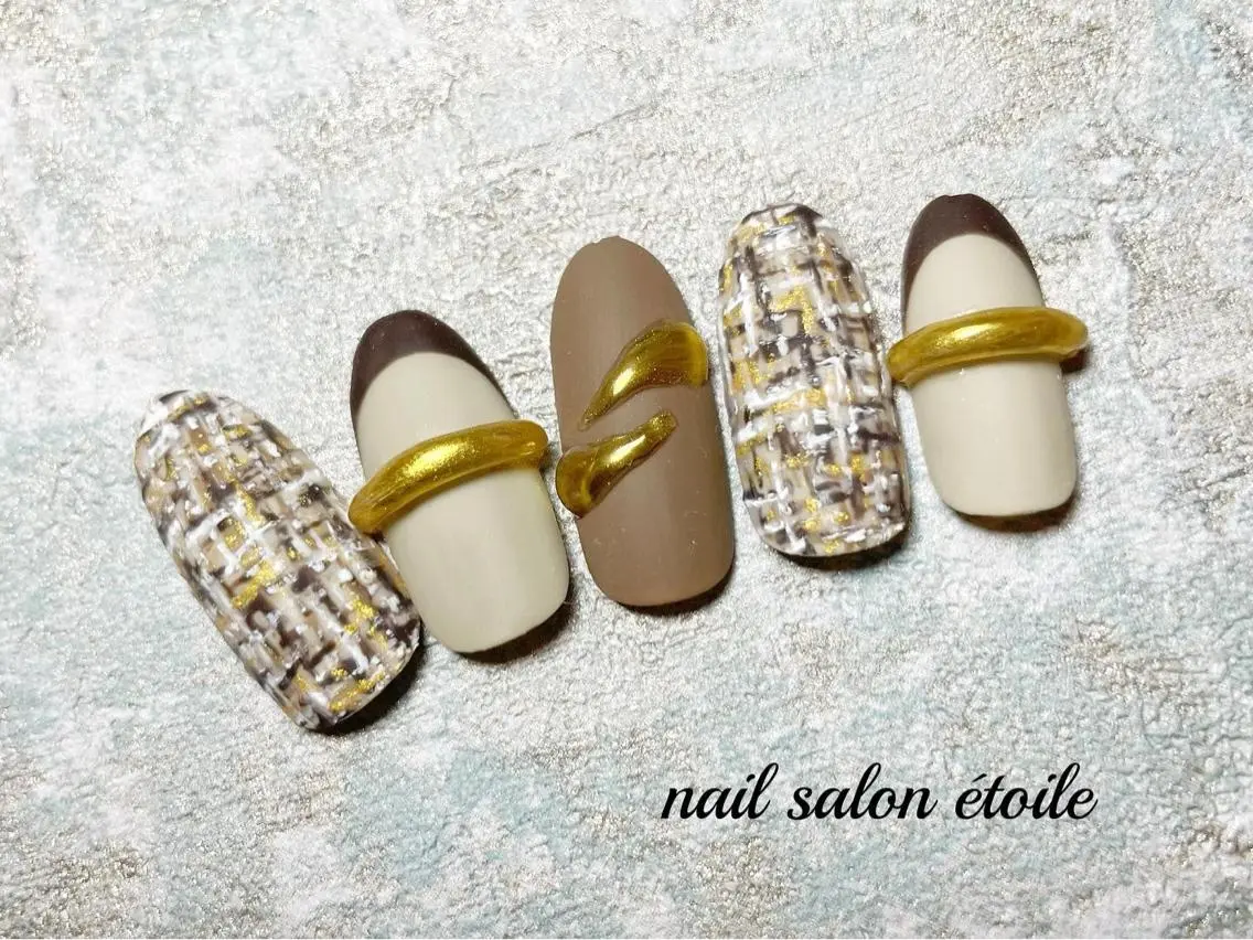 ネイル ブラウン フレンチネイル マットネイル ツイードネイル ハンドネイル nail salon étoileのネイルデザイン