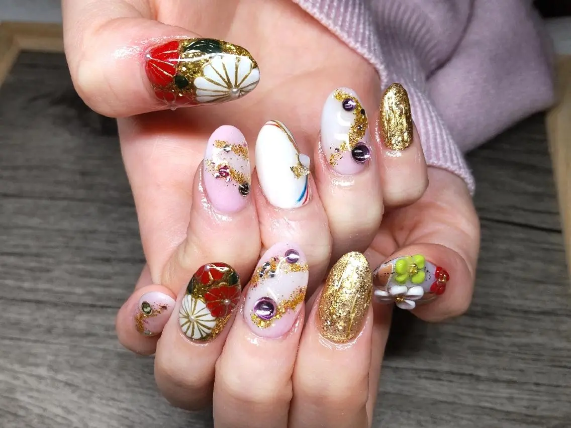 セミロング ネイル 成人式 長さ出し ジェルネイル ニュアンスネイル スカルプネイル T&A nailのネイルデザイン