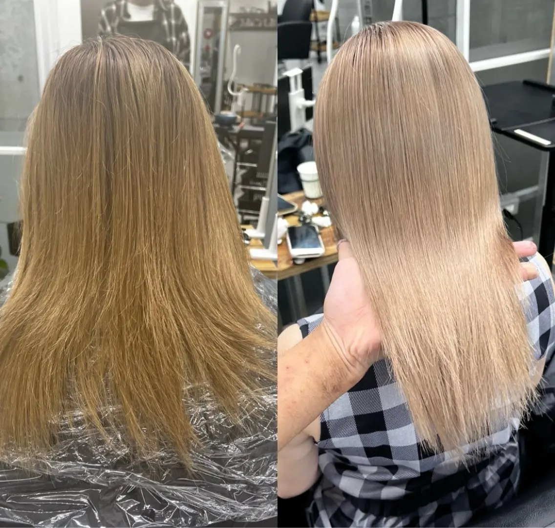 ハイトーンなのにサラツヤ目指すならこれ✨美髪矯正ストレート✨&ケアブリーチダブルカラー✨全体カットのミニモ特別クーポンの写真