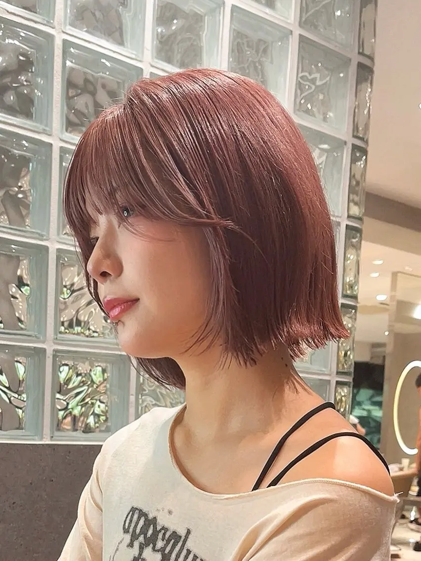ミディアム ボブ ハイライト 髪質改善 ヘアカラー トリートメント 栄ハイトーン/ ベージュカラー中園薪のヘアスタイル