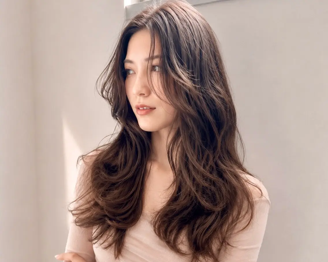 ロング カラー ベージュカラー ブリーチ ブリーチなしカラー オリーブベージュ レイヤーカット カット ヘアカラー トリートメント 城 慎太郎のヘアスタイル