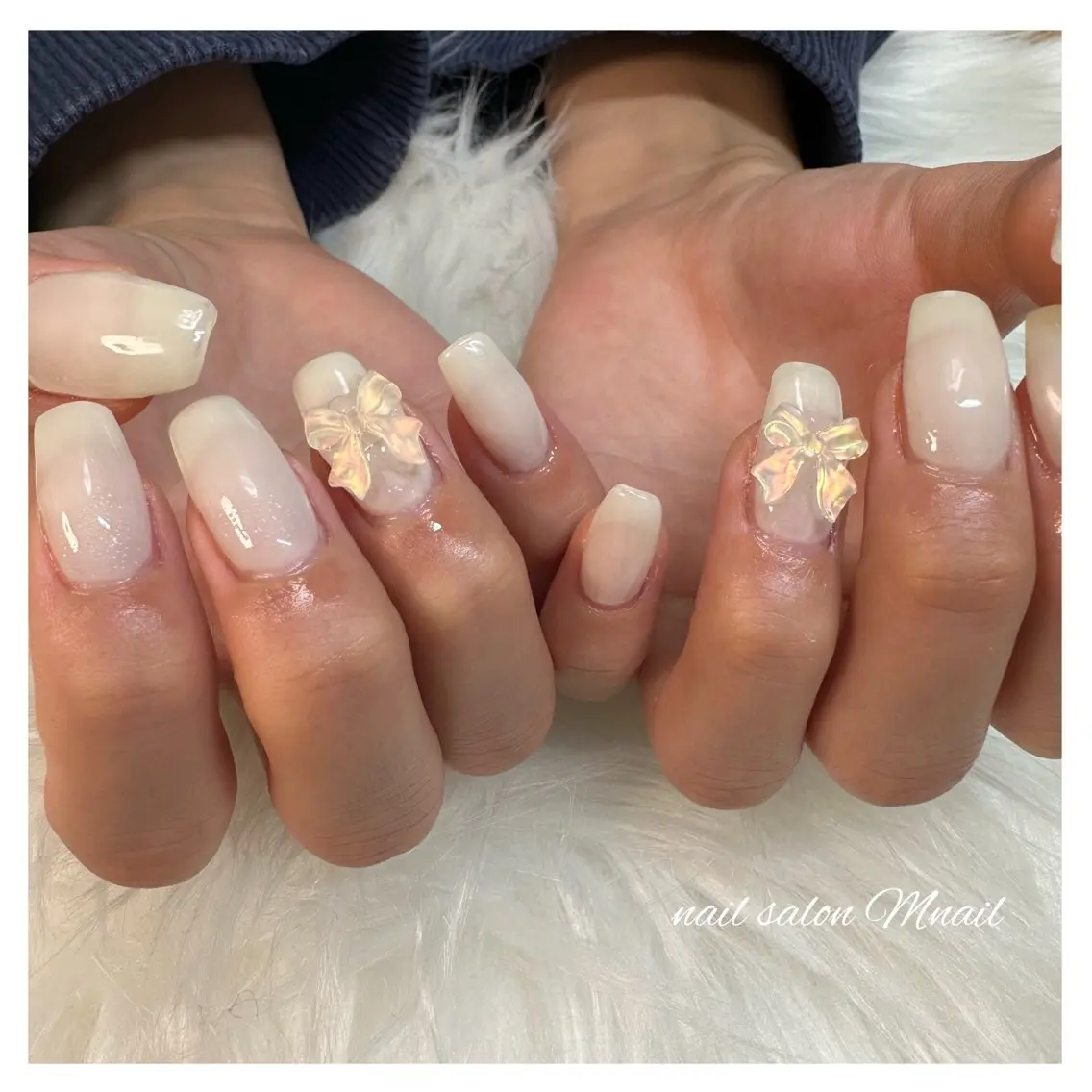 ネイル ジェルネイル ニュアンスネイル リボン ホワイト Mnail ちひろのネイルデザイン