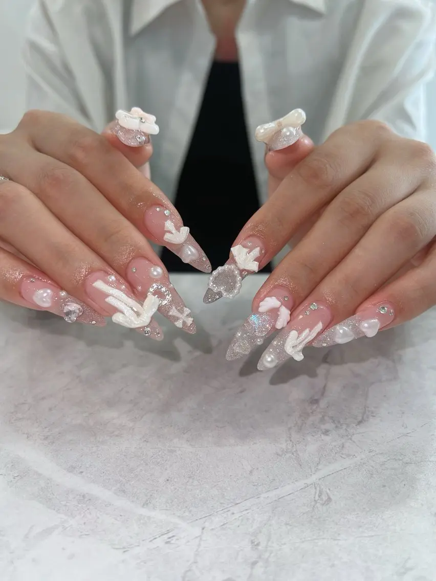 ネイル ガーリー ハート 韓国ネイル ニュアンスネイル リボン Sora nail 長さ出し専門店のネイルデザイン