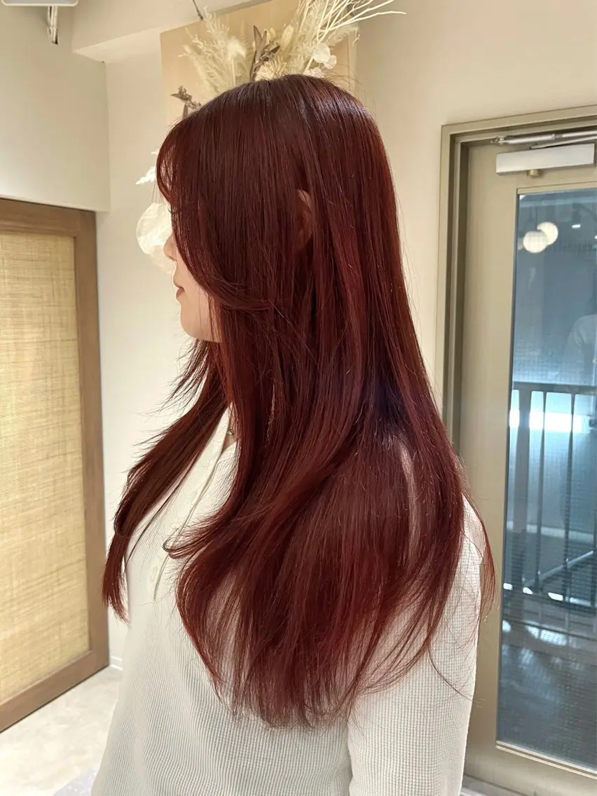 ロング カラー ブリーチ ダブルカラー ブリーチなしカラー レッドカラー カット ヘアカラー KANO🌷 艶カラーのヘアスタイル
