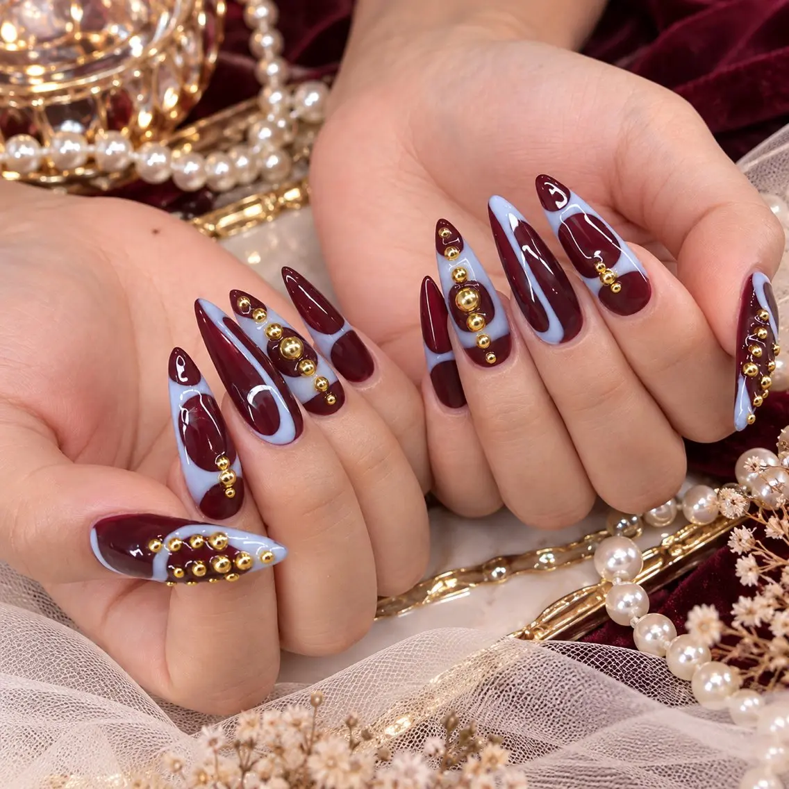 ネイル ブルー ボルドー 長さ出し ゴールド ロングネイル ハンドネイル ハンドケア Min nail サロン渋谷のネイルデザイン