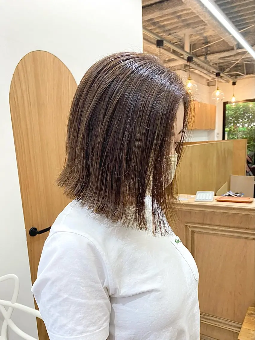 ミディアム カラー ヘアアレンジ ベージュカラー ハイライトカラー ボブ ハイライト ハル🌸柔色/ ブリーチなし/艶髪のヘアスタイル