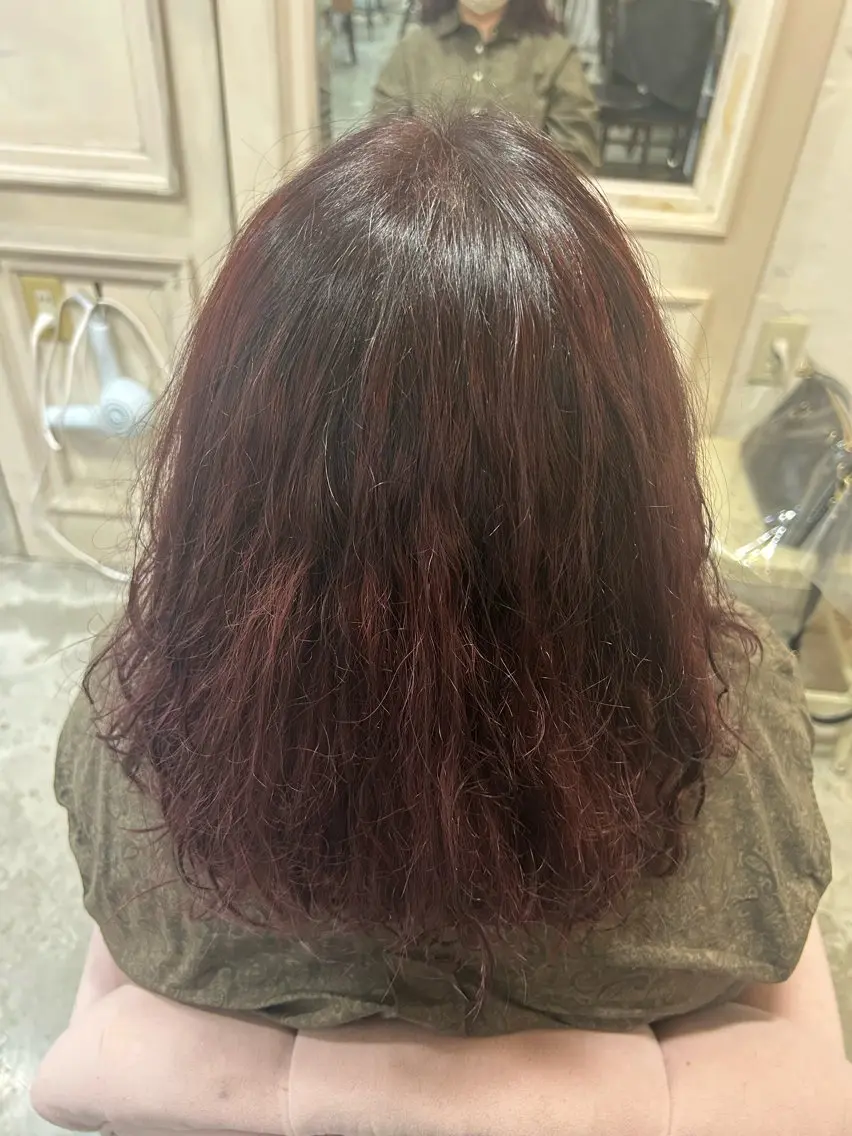 カラー ブリーチ ボルドーカラー 濵﨑 理奈のヘアスタイル