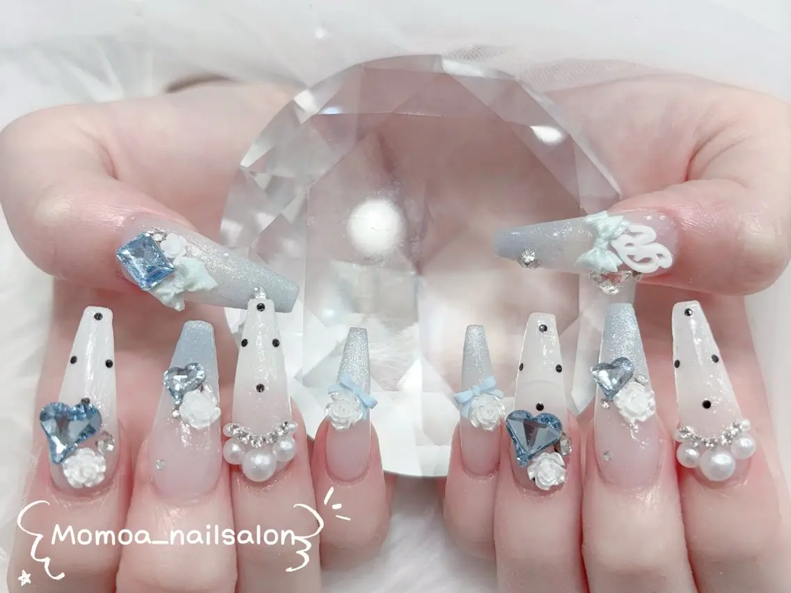 ネイル 成人式 ロングネイル マグネットネイル 大理石ネイル(マーブル) 持ち込み ハンドネイル MoMoA Nail ネイル長さ出し専門店のネイルデザイン