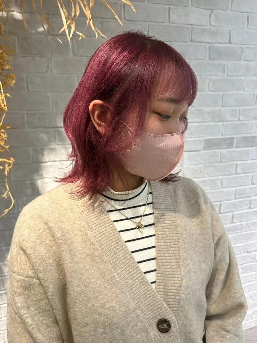 ミディアム カラー ブリーチ ピンクカラー くびれヘア ヘアカラー トリートメント 髪質改善/レイヤー/ ショート/遠藤龍雅のヘアスタイル