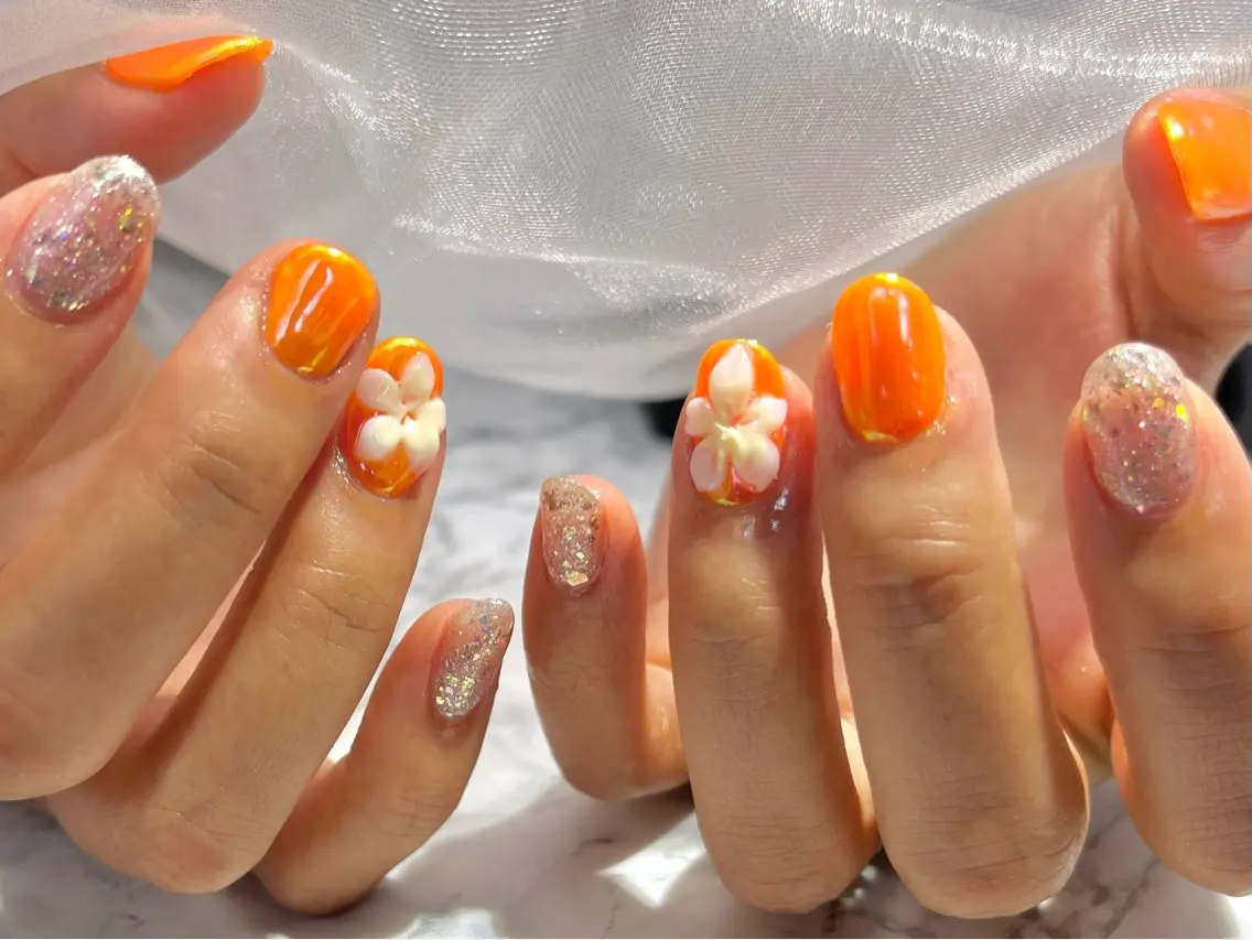 ネイル オレンジ ハンドネイル KAMUICRAF 厚別区ネイルのネイルデザイン