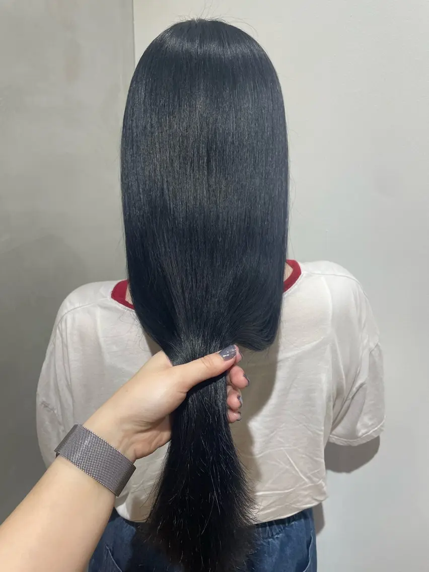 ロング カラー ヘアアレンジ 黒髪 ブルーカラー ブルーブラック coco♡ 韓国hairのヘアスタイル