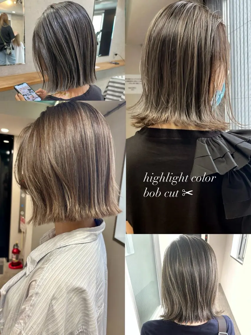 ショート カラー ハイライトカラー ボブ くびれヘア ハイライト ヘアカラー 松井那津子 /ハイライトブリーチのヘアスタイル