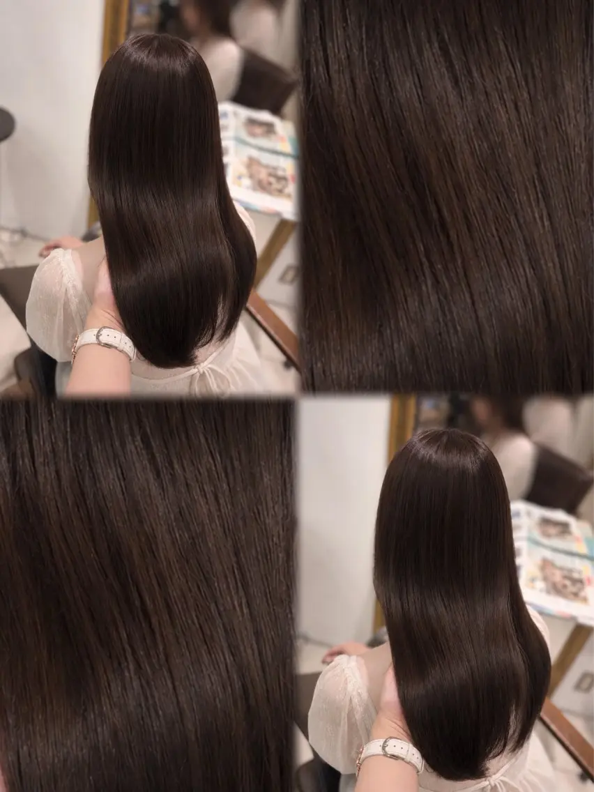 ロング チョコレートブラウン ヘアカラー トリートメント 巻ける🫧縮毛矯正 💞はな🎀のヘアスタイル