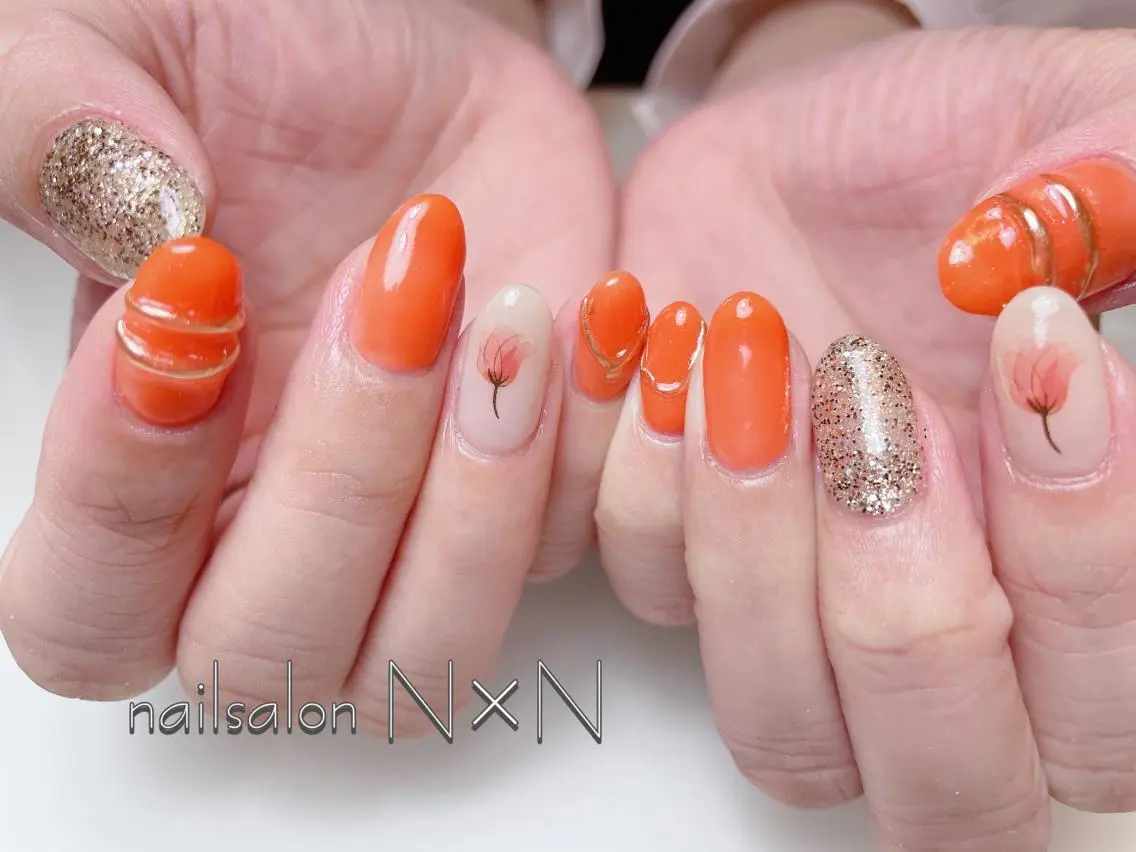 ネイル フラワーネイル ジェルネイル ミラーネイル ニュアンスネイル オレンジ nail salon N×Nのネイルデザイン