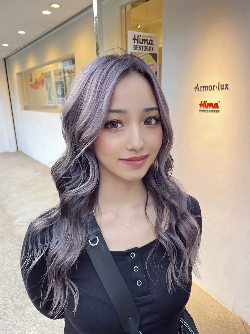 ロング アッシュ アッシュブラック レイヤーカット ロング 🦋韓国hair🦋 エクステ店長sakiのヘアスタイル