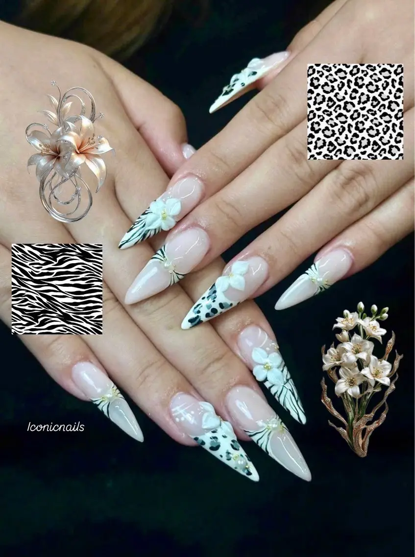ネイル アニマル柄 フラワーネイル ロングネイル 持ち込み ホワイト Iconic Nailのネイルデザイン