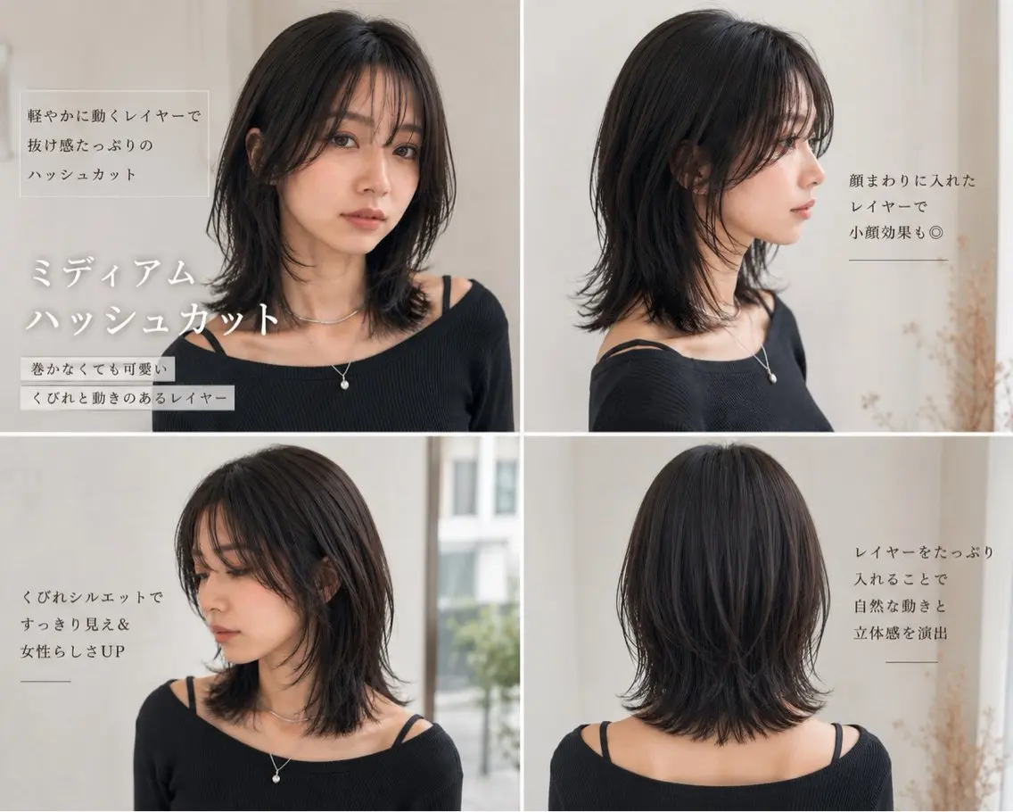 ミディアム カット ヘアカラー トリートメント rina韓国レイヤー ハッシュカットのヘアスタイル