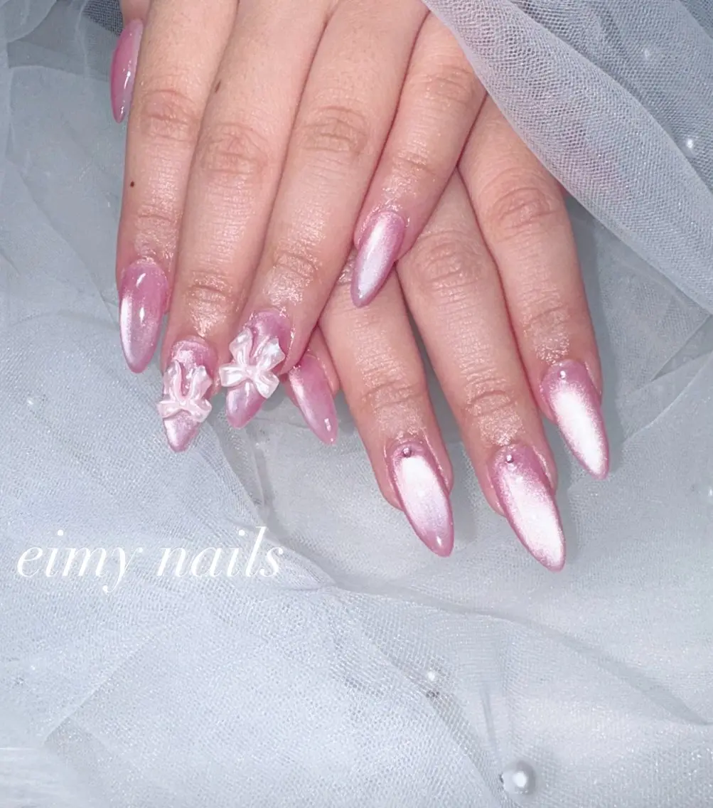 ネイル ジェルネイル マグネットネイル リボン ハンドネイル eimy nails♡のネイルデザイン