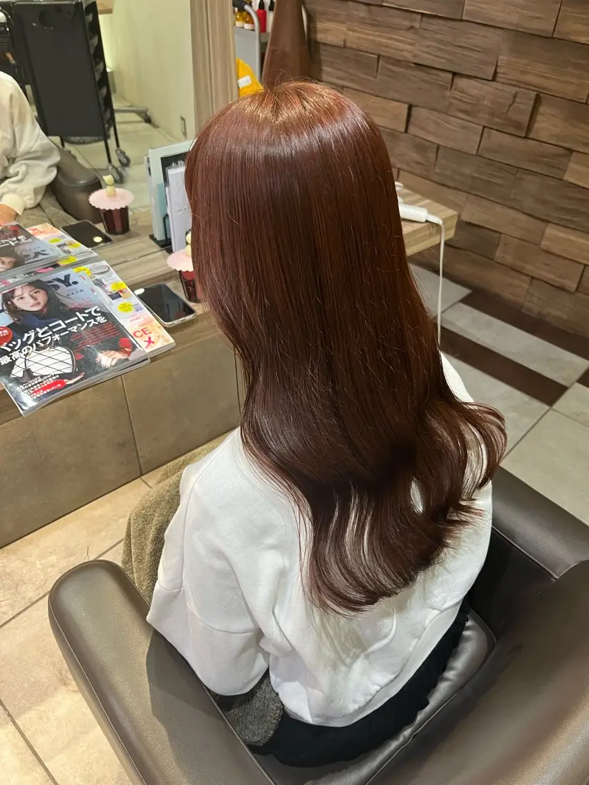ロング カラー ブラウンカラー ピンクカラー ピンクブラウン ヘアカラー トリートメント Kirina/ 茨木/髪質改善のヘアスタイル