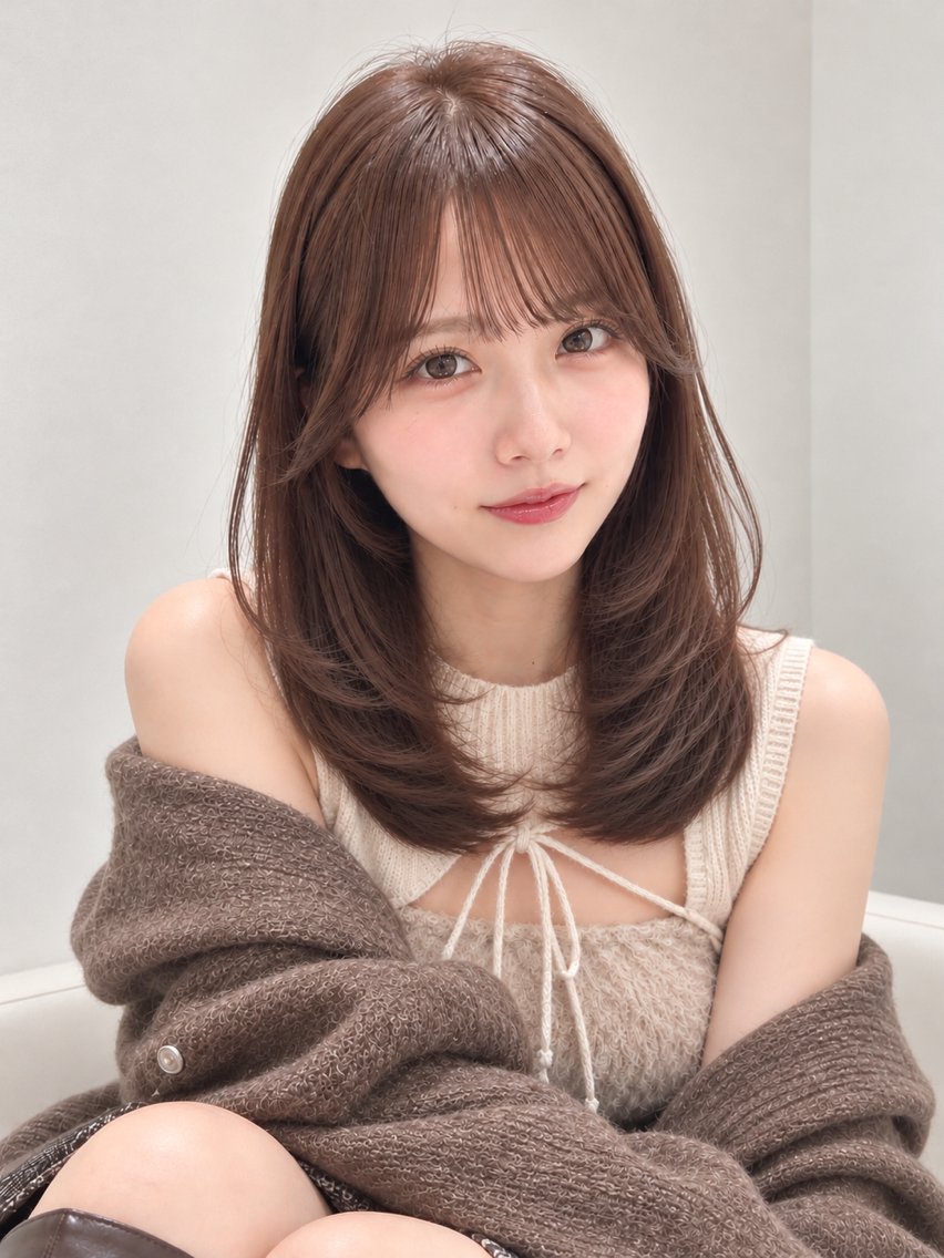 ミディアム カラー ミディアムレイヤー 透明感カラー レイヤーカット シースルーバング 小顔カット カット ヘアカラー トリートメント 艶カラー/レイヤー/ 顔周りカット♡こいみのヘアスタイル