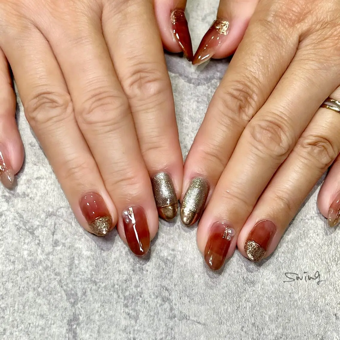 ネイル ボルドー ゴールド ミラーネイル シルバー Yoshida Takakoのネイルデザイン