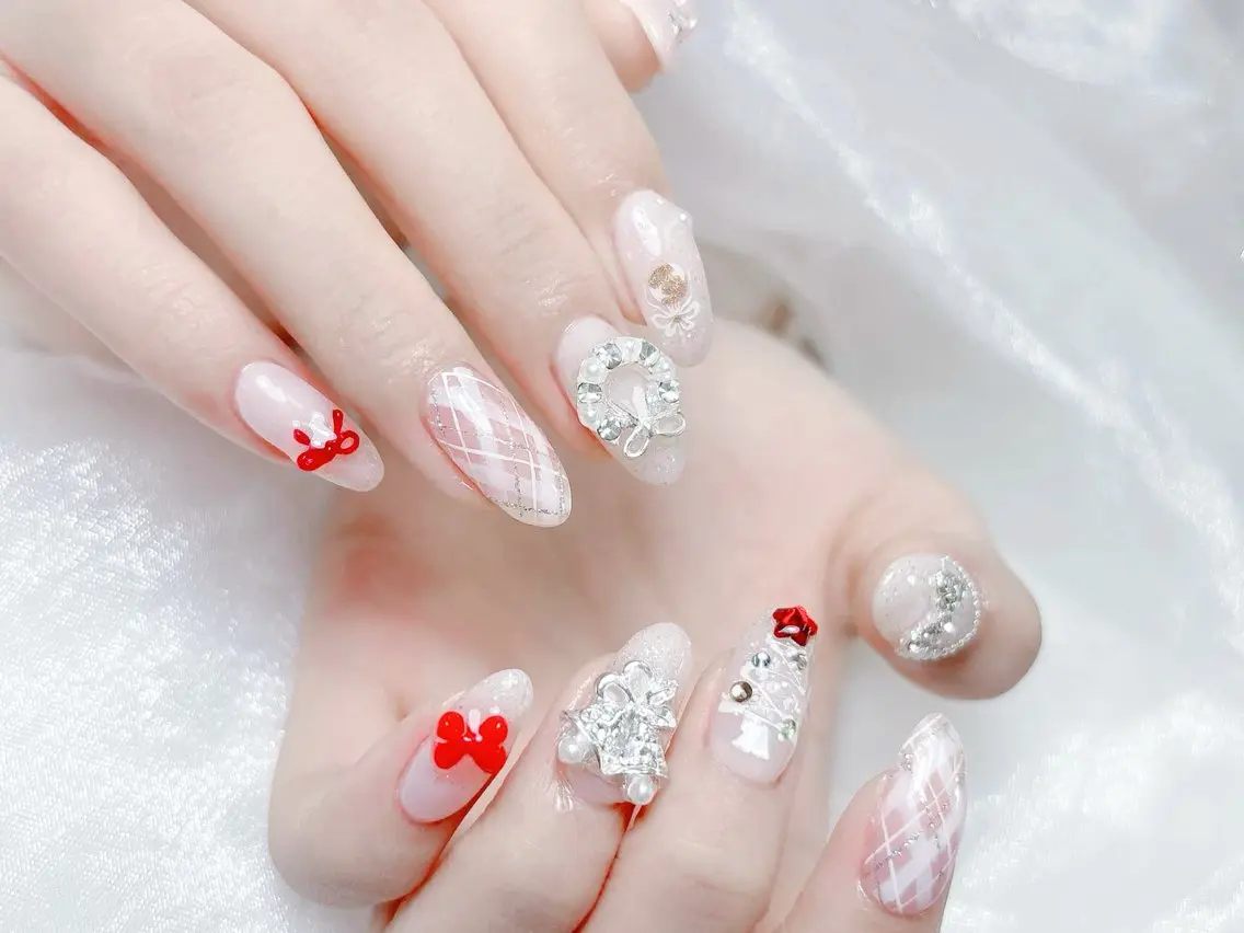ネイル 成人式 大理石ネイル(マーブル) リボン 夏ネイル ネイルチップ ハンドネイル Mei Salon 長さ出し専門店のネイルデザイン