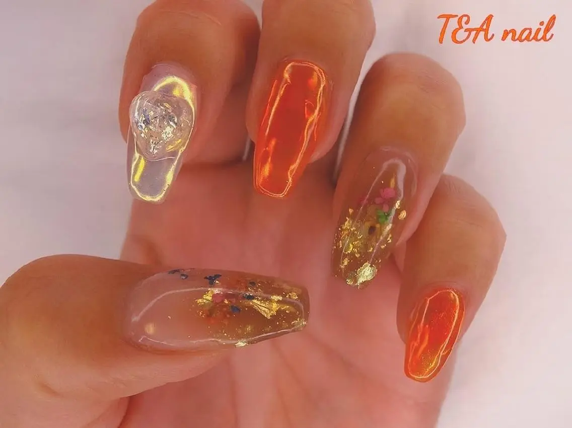 ミディアム ネイル 長さ出し ジェルネイル オレンジ スカルプネイル 春ネイル T&A nailのネイルデザイン