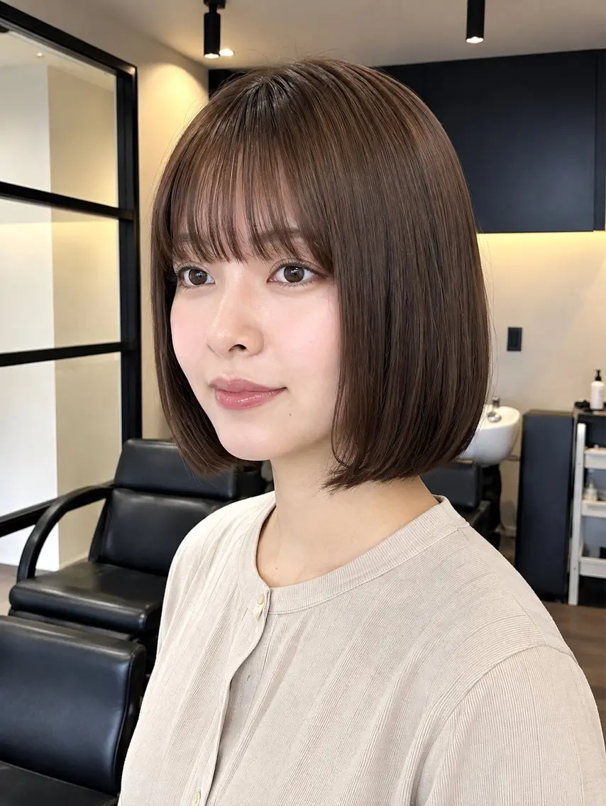 ミディアム カラー ブラウンカラー ナチュラルブラウン ボブ シースルーバング カット トリートメント 縮毛矯正| 髪質改善 |白髪悩みのヘアスタイル