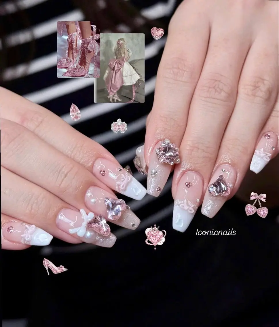 ネイル ガーリー キラキラネイル ピンク リボン Iconic Nailのネイルデザイン