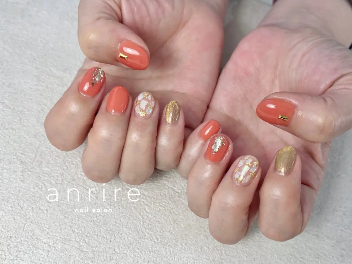 ネイル ジェルネイル マグネットネイル オレンジ パラジェル ハンドネイル nailsalon anrireのネイルデザイン