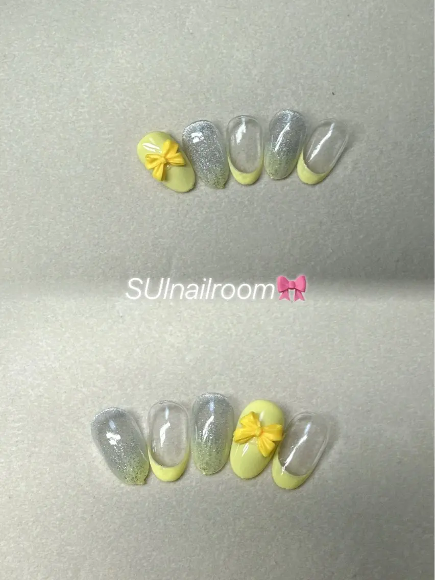 ネイル リボン 黄色 ハンドネイル 自宅SUI Nail Roomのネイルデザイン