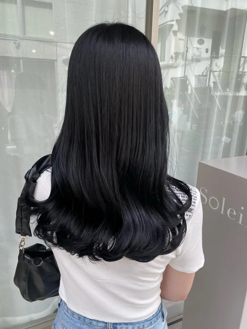 セミロング カラー 黒髪 ブルーカラー ブルーブラック カット ヘアカラー トリートメント グレージュ/レイヤー /韓国ヘア/RISAのヘアスタイル