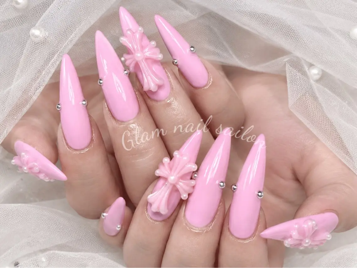 ネイル ハンドネイル エツメ💅 長さ出し🎀デザインのネイルデザイン