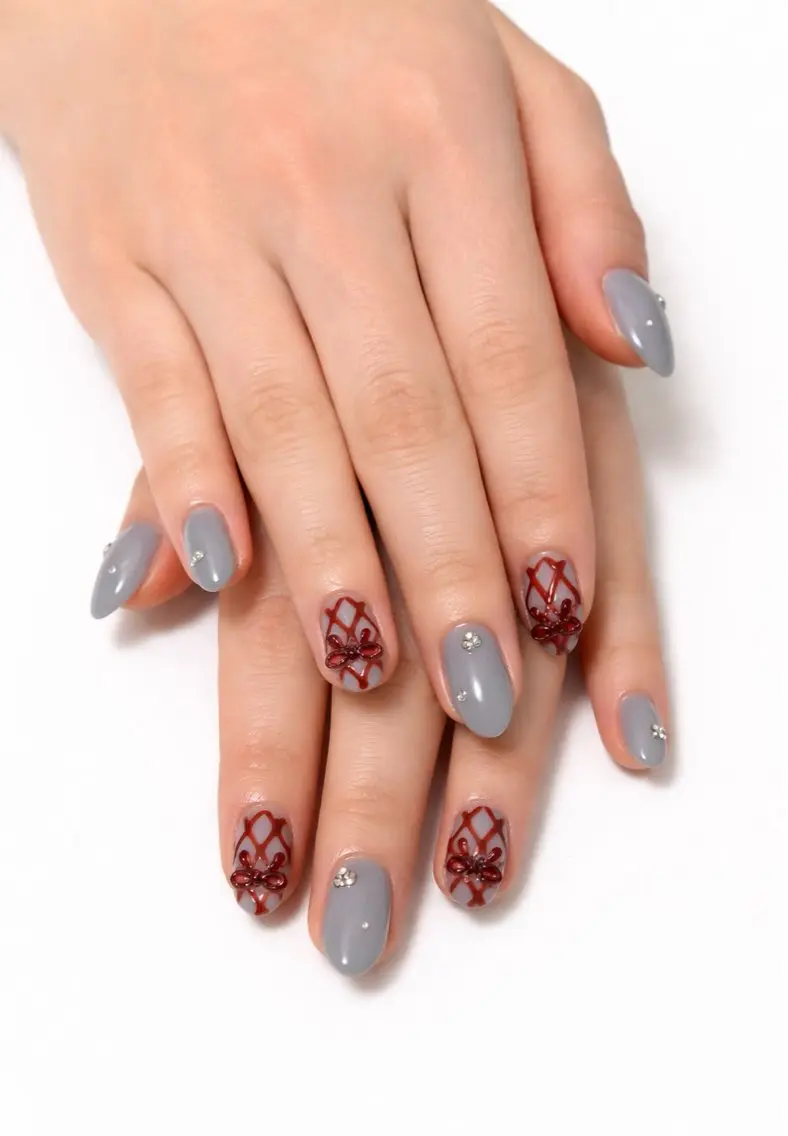 ネイル ブルー ガーリー 赤色 リボン nail lumièreのネイルデザイン
