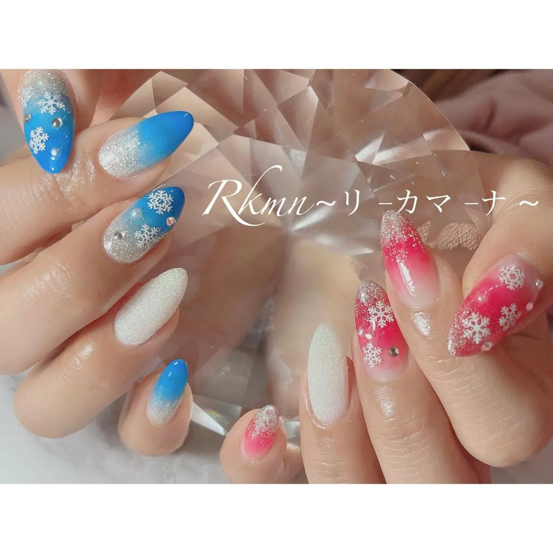 ネイル アートネイル ブルー ラメ(グリッター) ピンク 春ネイル ハンドネイル フットネイル ハンドケア Rkmn ~リ-カマ-ナ~のネイルデザイン