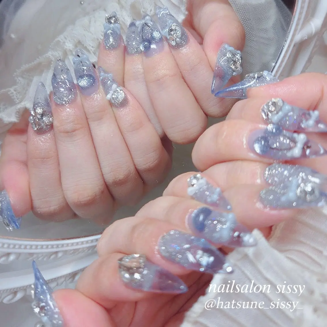 ネイル ブルー クリアネイル ガーリー 氷ネイル・うるうるネイル ネイルチップ ハンドネイル sissy hatsuneのネイルデザイン