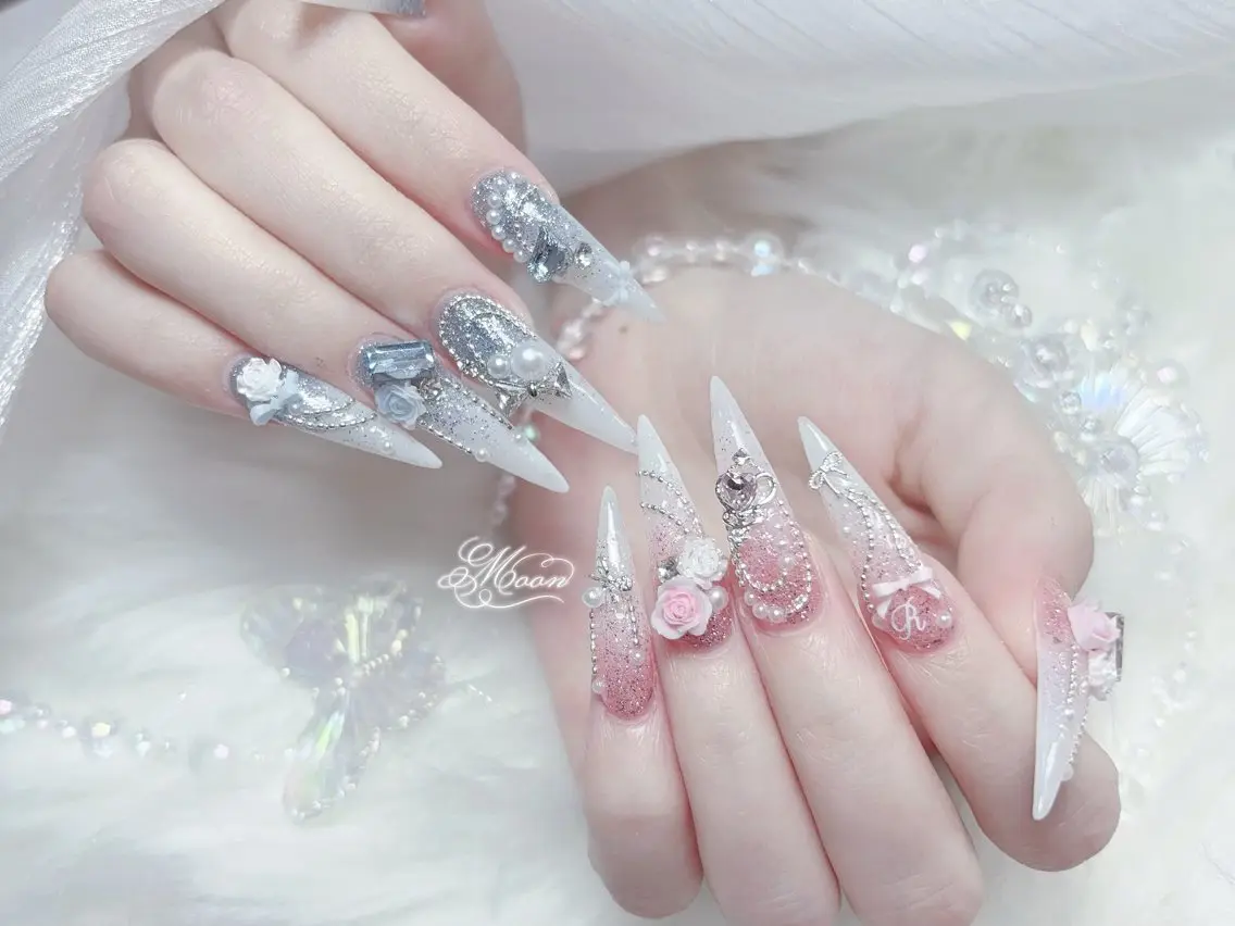 ネイル 成人式 大理石ネイル(マーブル) リボン 夏ネイル ネイルチップ ハンドネイル MoMoA Nail ネイル長さ出し専門店のネイルデザイン