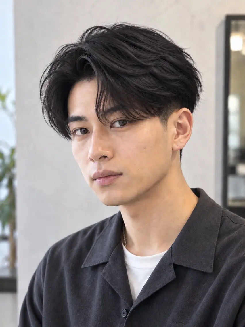 ショート パーマ メンズ ビジネス センターパート フェードカット フェザーパーマ メンズ韓国風 カット 縮毛矯正 トリートメント ヘアセット メンズパーマ特化 TAKE新宿のヘアスタイル