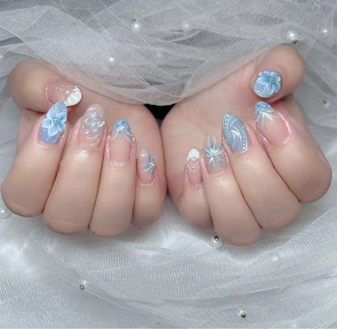 ネイル ハンドネイル 🎀PG🩵 ネイルサロンのネイルデザイン