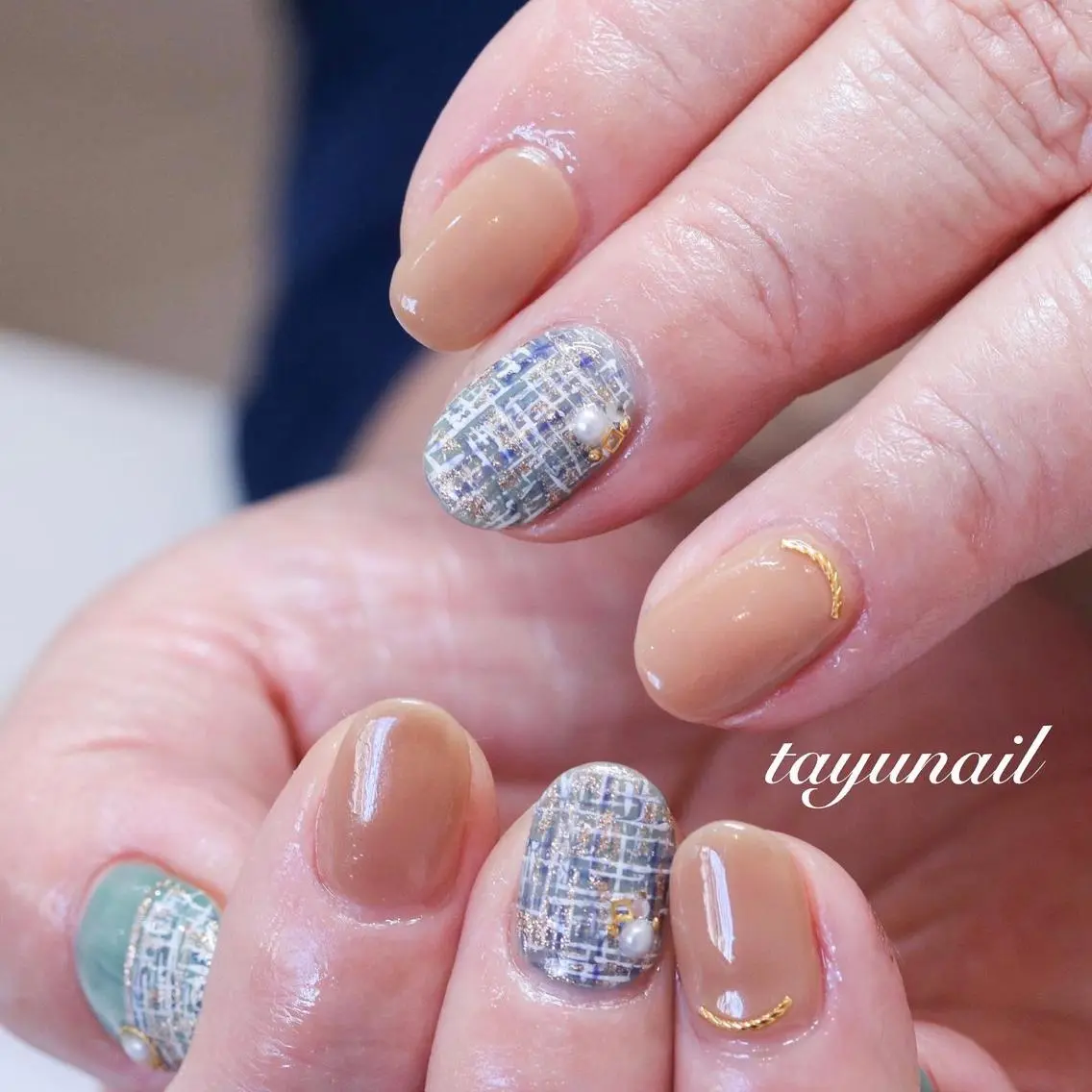 ネイル ジェルネイル グリーン パラジェル ツイードネイル ネイルサロン 【たゆnail】のネイルデザイン