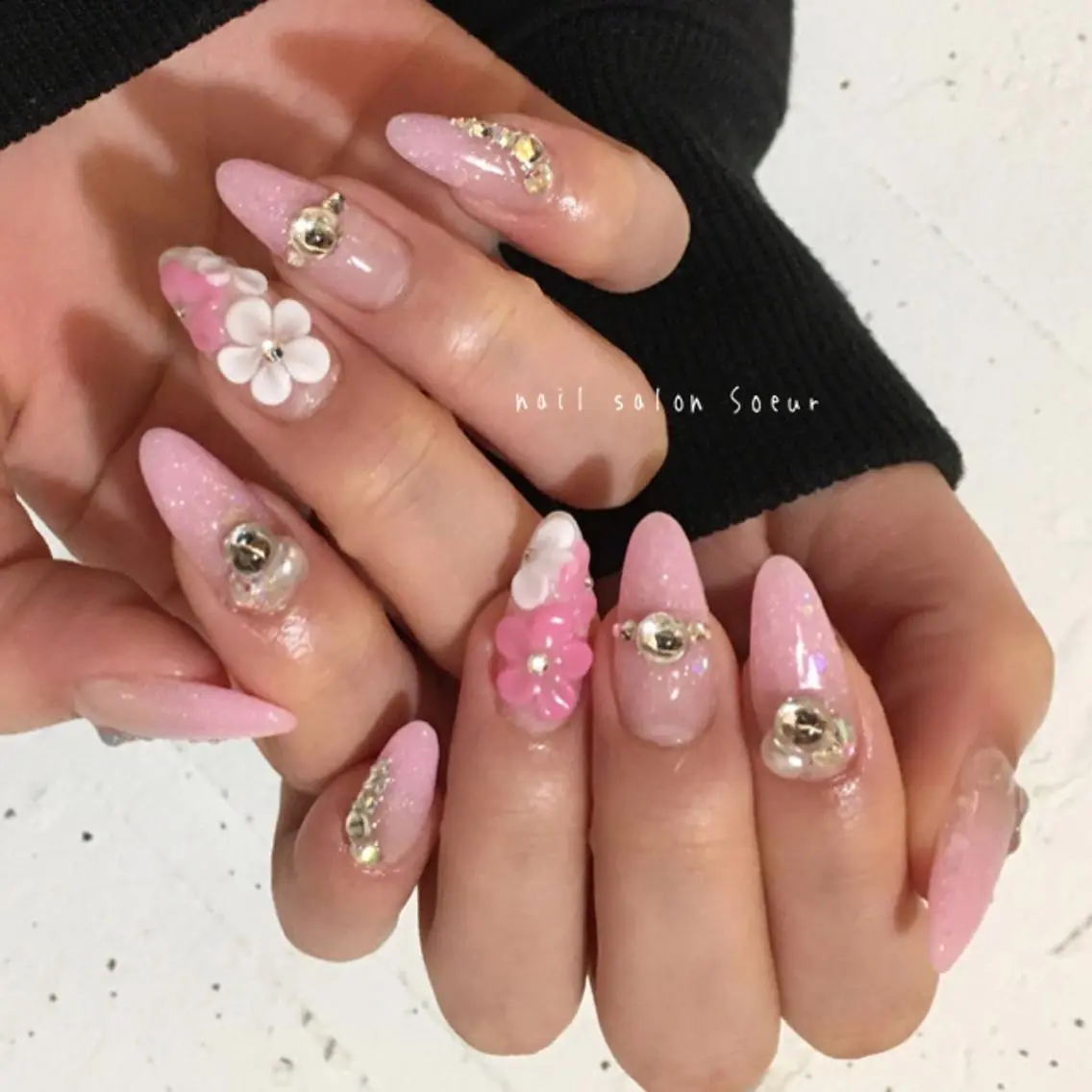ネイル フラワーネイル 持ち込み ピンク スカルプネイル ハンドネイル nail salon Soeurのネイルデザイン