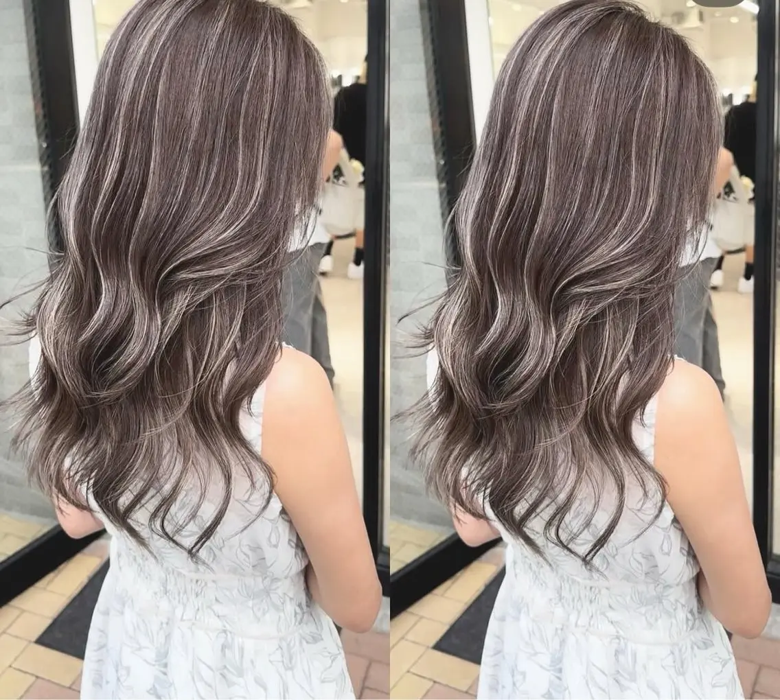 ロング カラー バレイヤージュ ベージュカラー グレージュ ハイライトカラー ミルクティーベージュ カット ヘアカラー トリートメント 表参道/ハイライト バレイヤージュのヘアスタイル