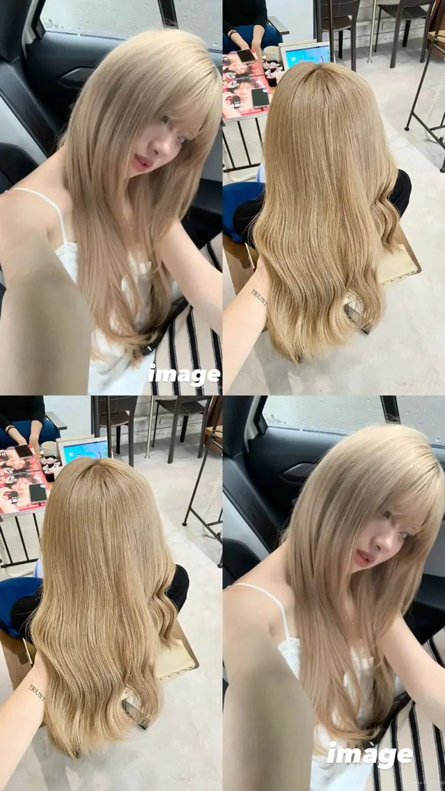 ロング カラー ベージュカラー ブリーチ ミルクティーベージュ ヘアカラー ブリーチなしwカラー /艶カラー/oukaのヘアスタイル