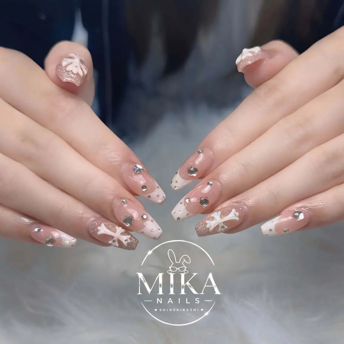 ネイル ハート 韓国ネイル ロングネイル マグネットネイル リボン ハンドネイル ハンドケア ちみ_Mika Nails 心斎橋のネイルデザイン