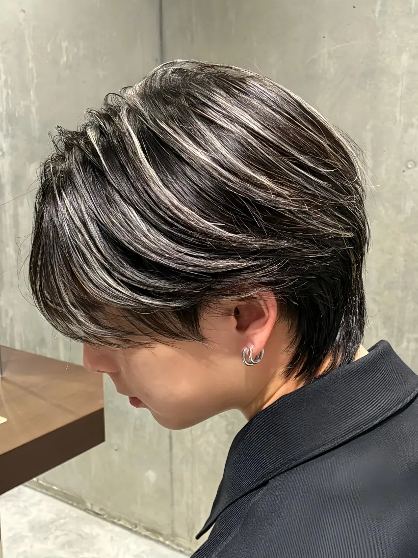 ショート カラー メンズ メンズハイライト 透明感カラー ハイライトカラー イルミナカラー ボブ カット ヘアカラー ✨白髪ぼかし/ ショート✨吉岡 弘のヘアスタイル