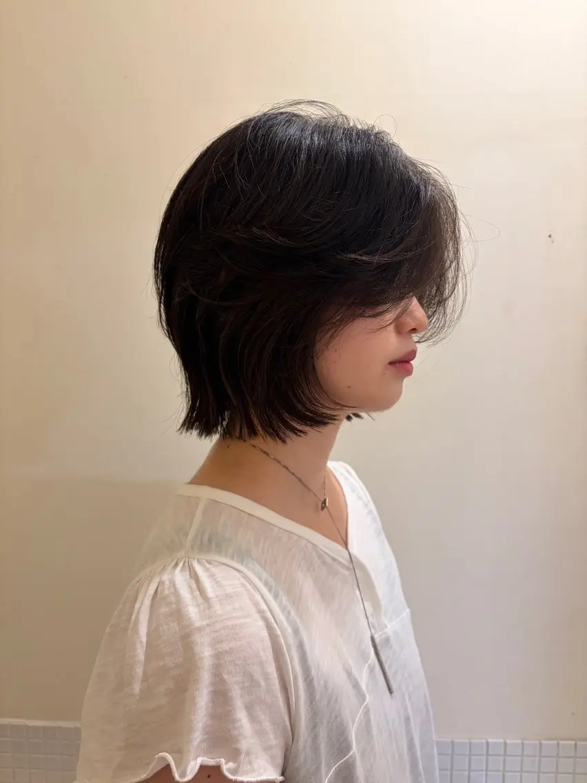 ショート ボブレイヤー ボブ くびれヘア 顔まわりレイヤー くびれレイヤー emma ボブ/中目黒✂︎のヘアスタイル