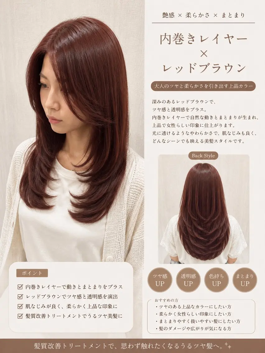 セミロング レッドブラウン 顔まわりレイヤー 髪質改善 レイヤーカット 小顔カット カット ヘアカラー トリートメント 店長✨レイヤー✖️ 髪質改善✖️韓国ヘアのヘアスタイル