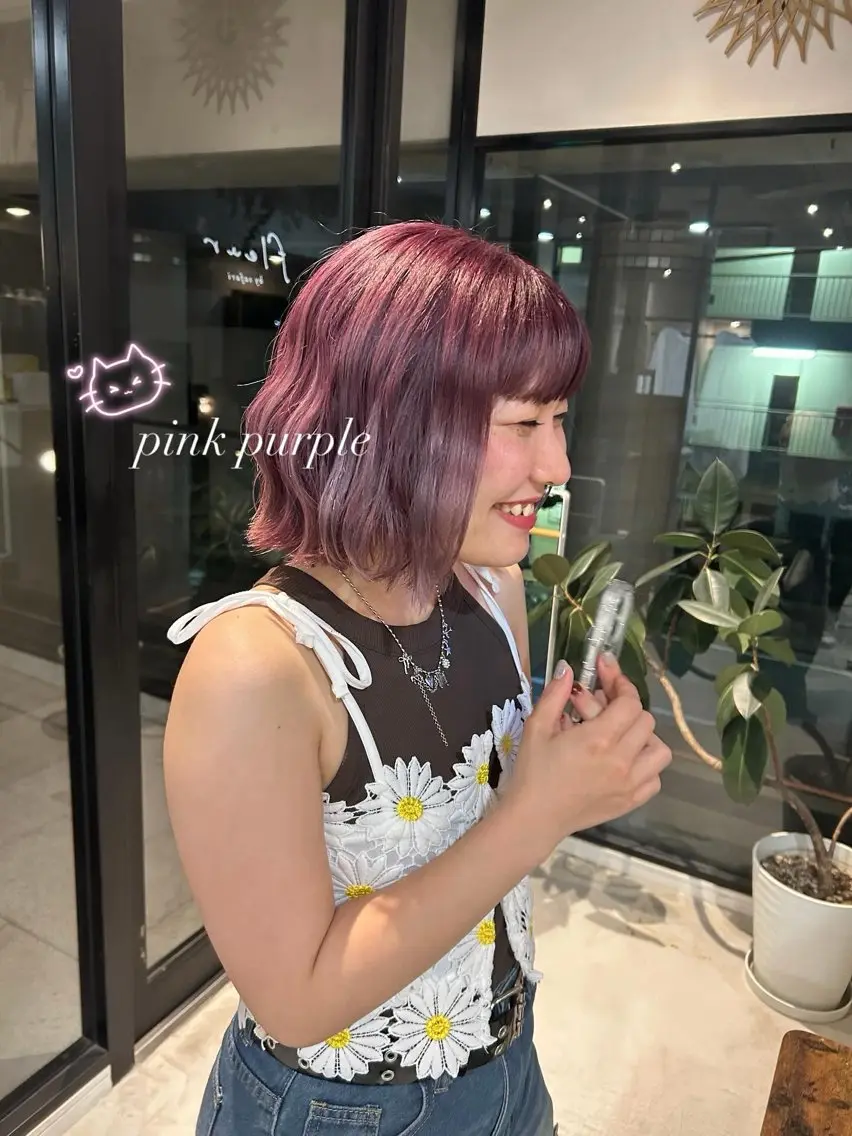 ミディアム カラー ブリーチ ピンクカラー ピンクパープル パープルカラー ヘアカラー トリートメント ヘッドスパ MIO 大名/ 縮毛・ブリーチ💎のヘアスタイル