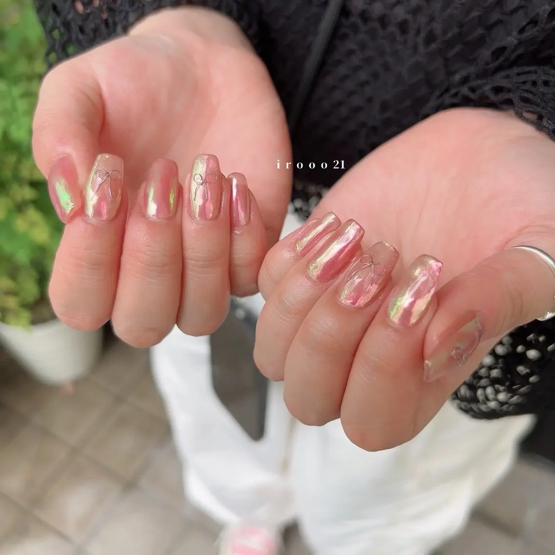ネイル ジェルネイル ガーリー 氷ネイル・うるうるネイル ピンク リボン irooo 21のネイルデザイン